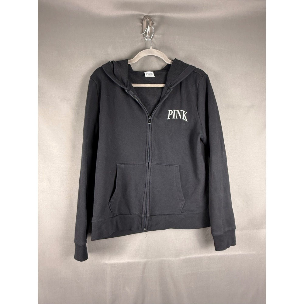 PINK Victoria's Secret Zip Up Hoodie Womens Large Black Love Pink Graphic Back